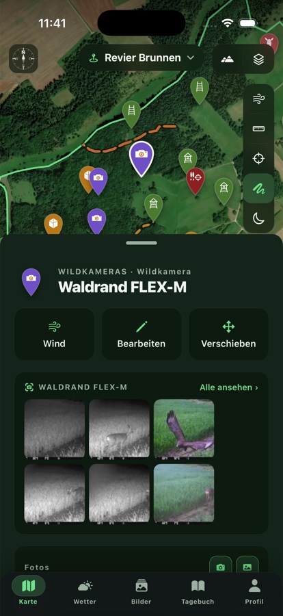 Wildkamera-Detail mit letzten Aufnahmen direkt am Marker