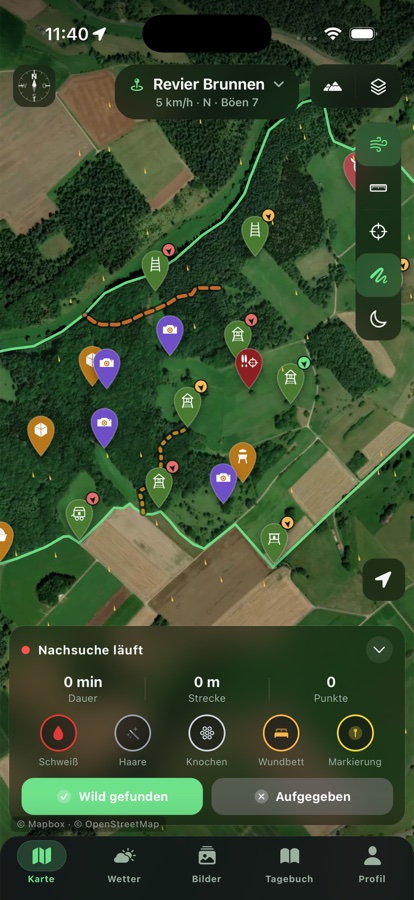 Nachsuche-Modus mit GPS-Track und Pirschzeichen